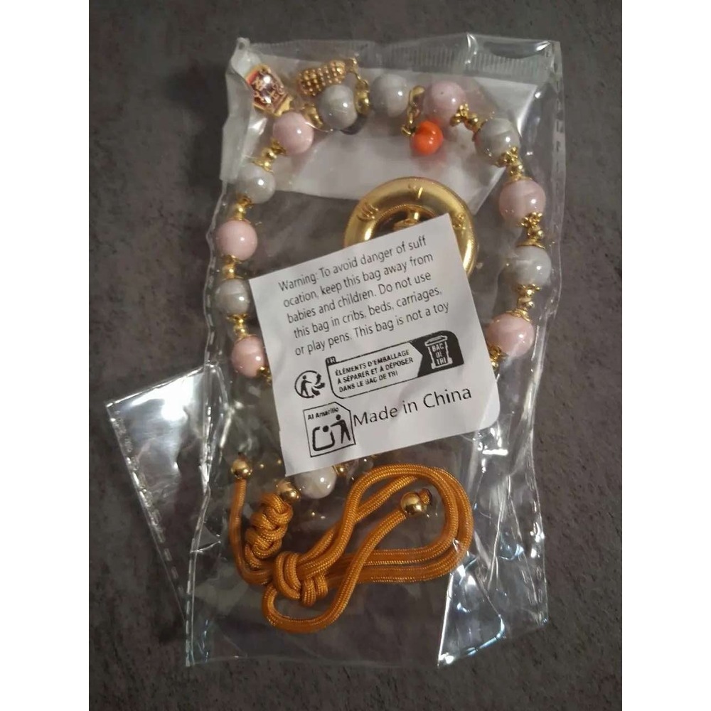 Buddhist Prayer Wheel Charm Bracelet Pink Grey Marbled Beads Gold Tone Enamel